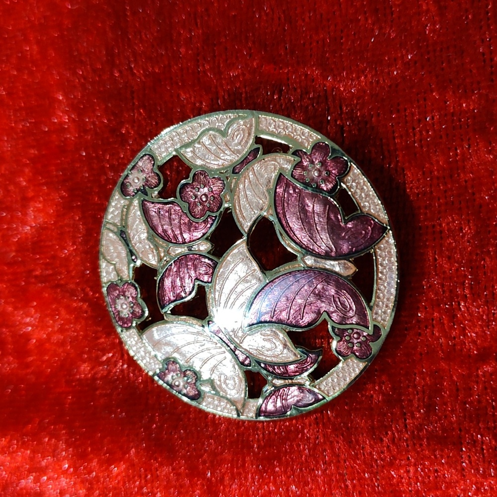 Vintage Cloisonne Pink Butterfly Gold Tone Brooch With Cut Outs